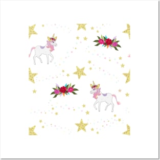 Unicorn horse with shining stars and roses bouquet Posters and Art